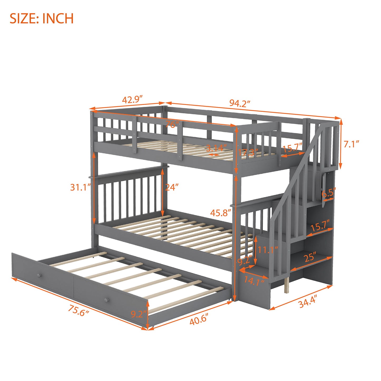 Stairway Bunk Bed & Storage And Guard Rail For Bedroom