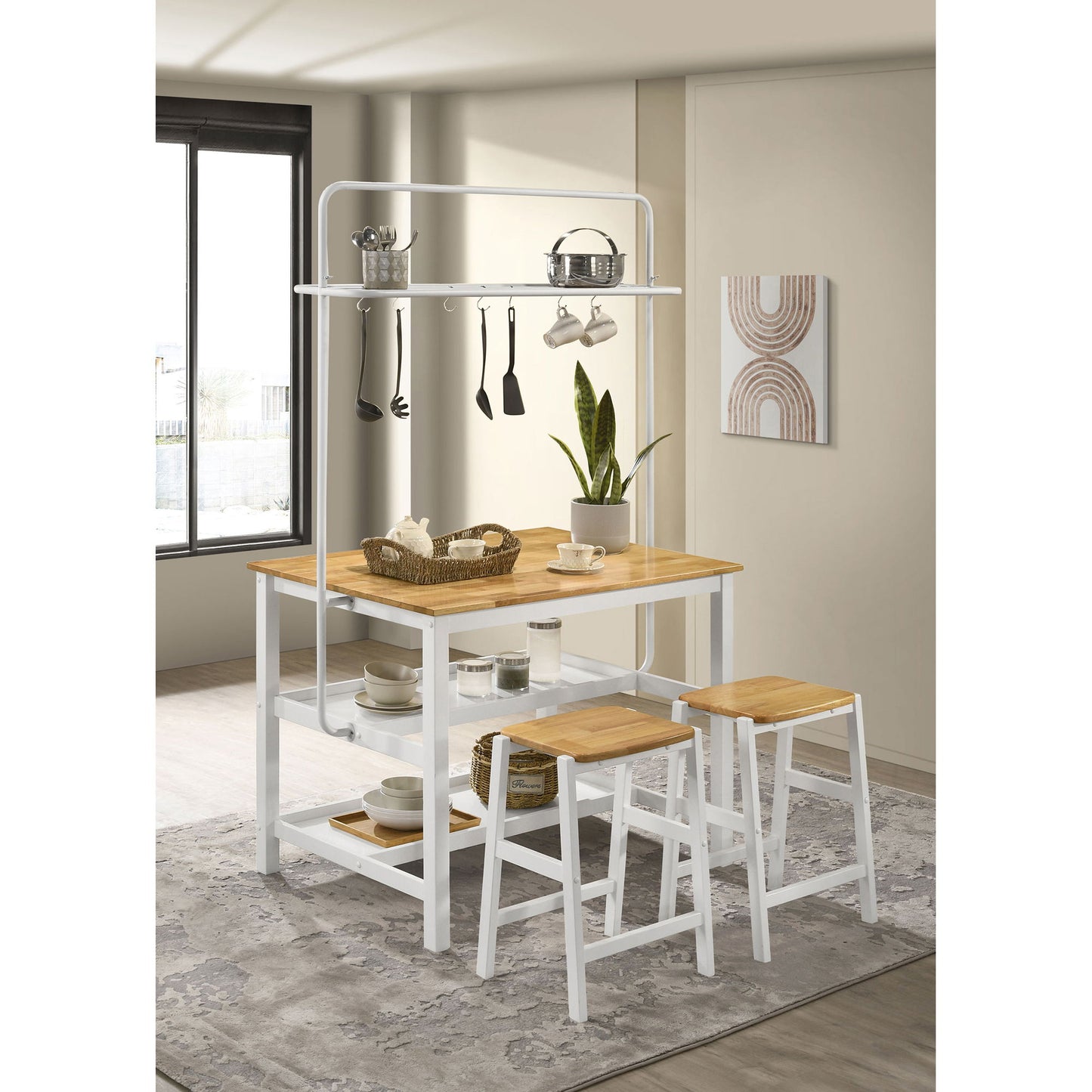 Prager - 3 Piece Kitchen Island Counter Table Set With Overhead Rack And Backless Stools - White