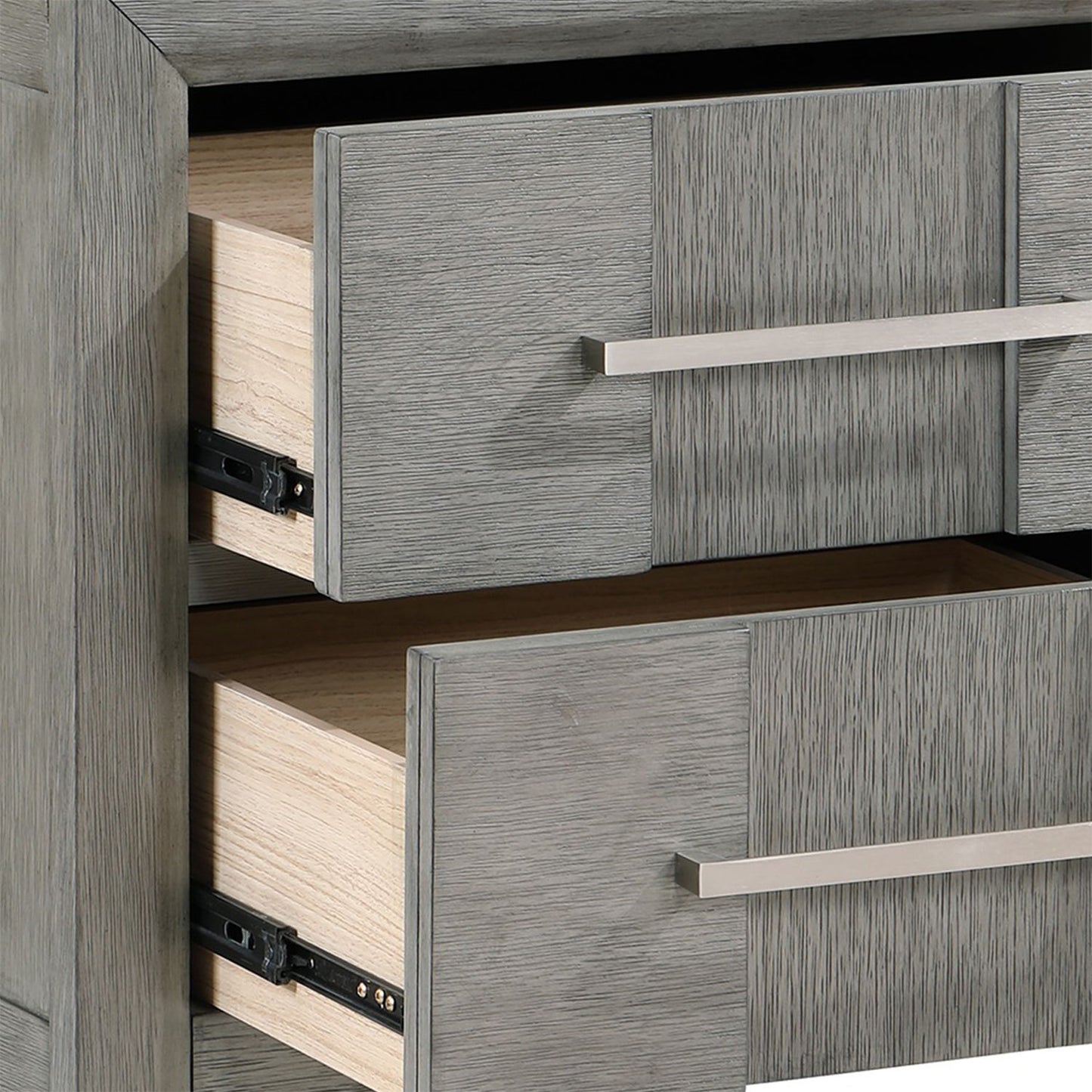 Modern 2 Drawer Nightstand In Gray Finish With Silver Metal Handles, Contemporary Bedside Table With Smooth Glide Drawers