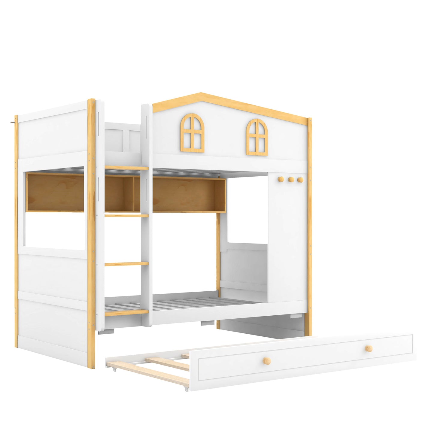 Bunk Bed With House Shaped Guardrails, Storage Shelves, And Trundle
