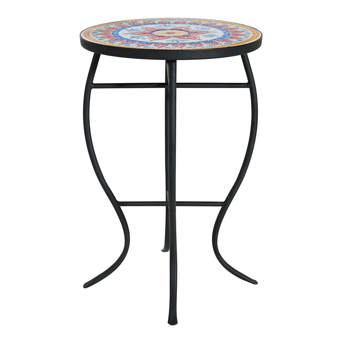 Outdoor Round Side Table With Mosaic Style Top And Curved Iron Legs
