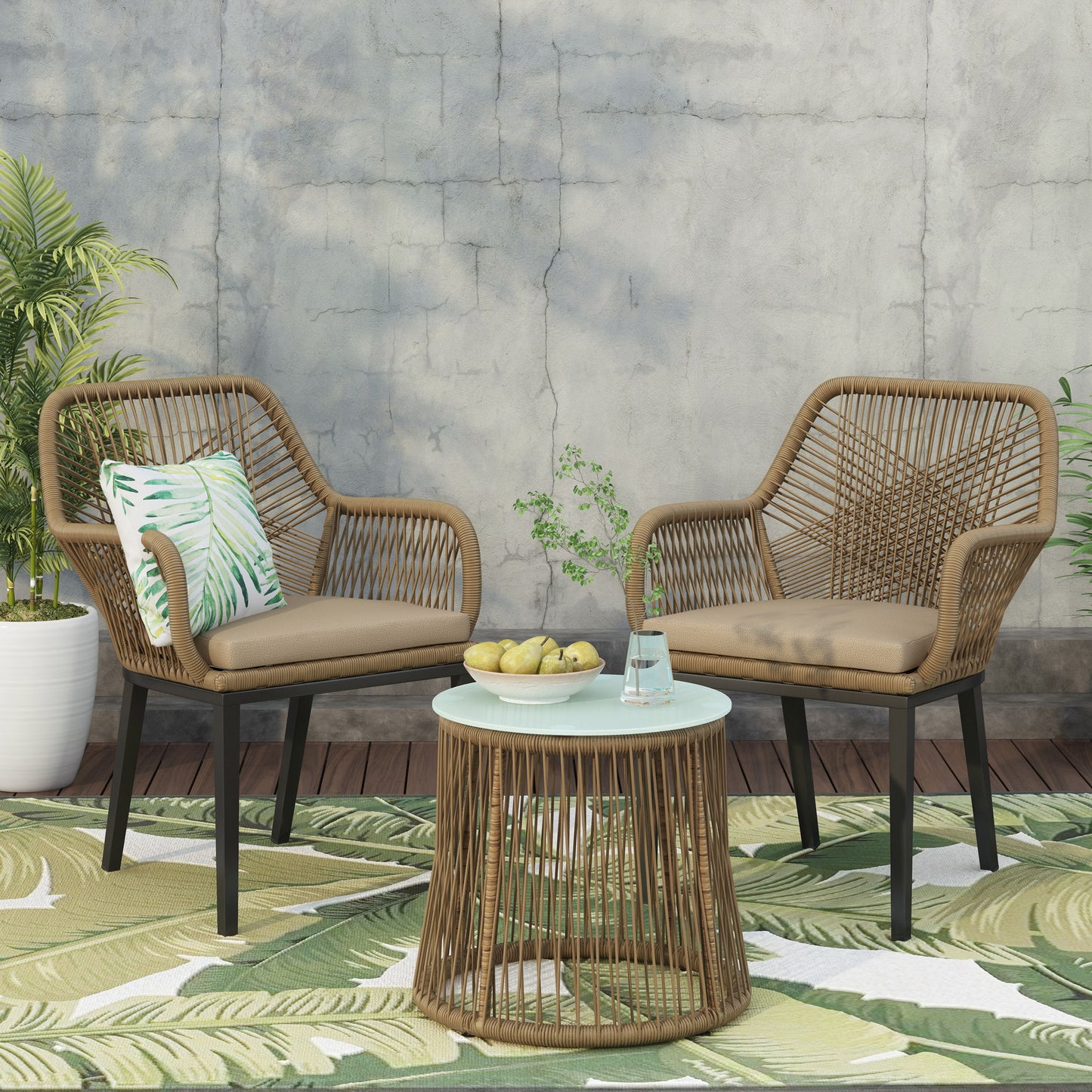 Conversation Set With Tempered Glass Table Top - Light Brown