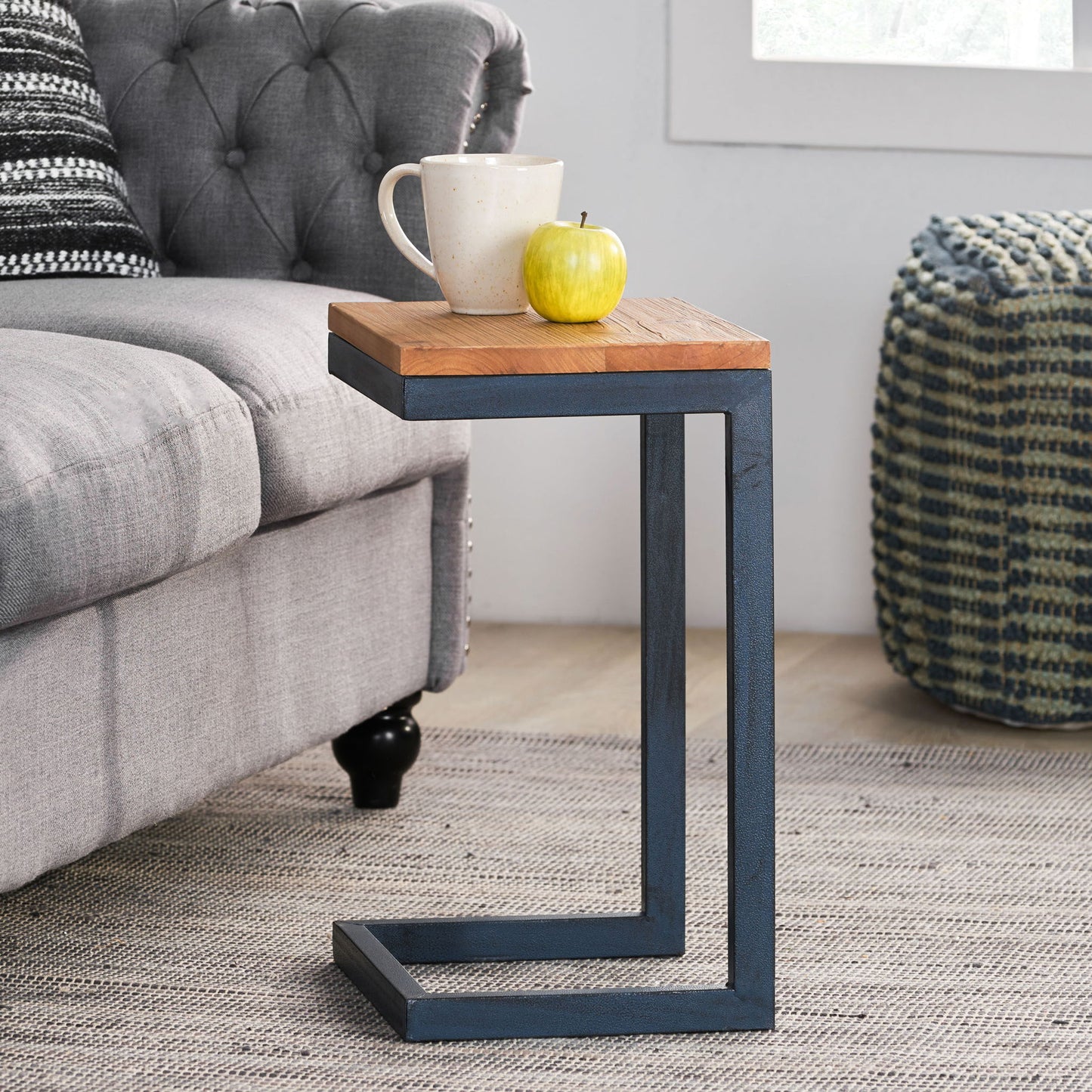 Small C Shaped End Table With Iron Base And Fir Wood Top - Black