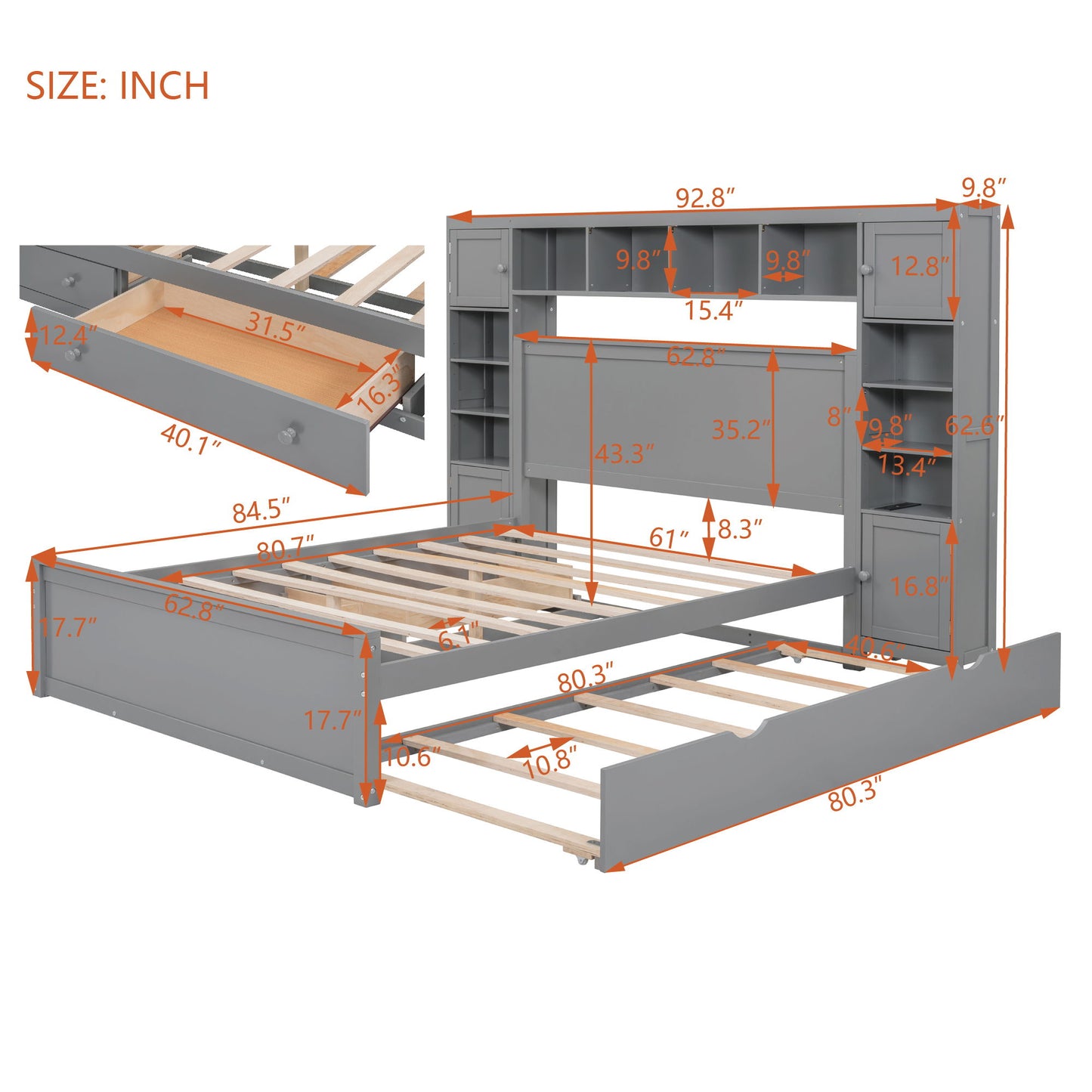 Bed With All In One Cabinet, Shelf And Sockets, Twin Long Trundle