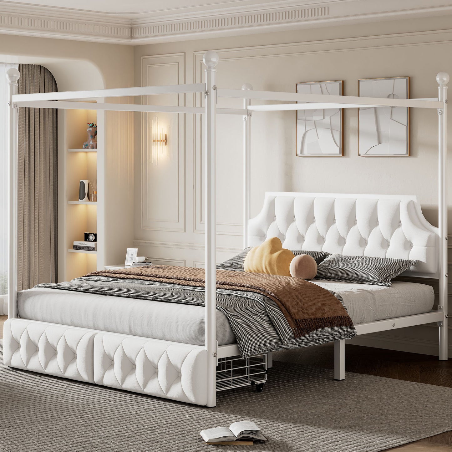 Queen Size Canopy Platform Bed With Upholstered Headboard And 2 Storage Drawers - White