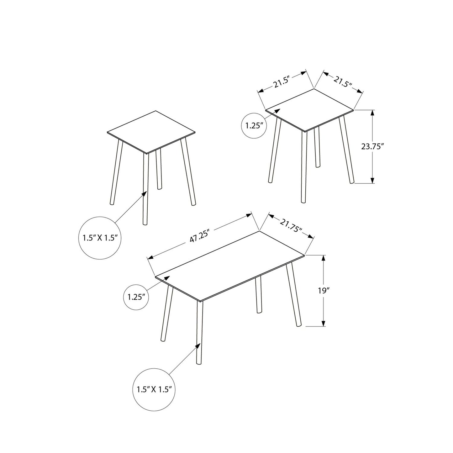 Contemporary 3 Piece Table Set With Coffee Table And 2 End Tables