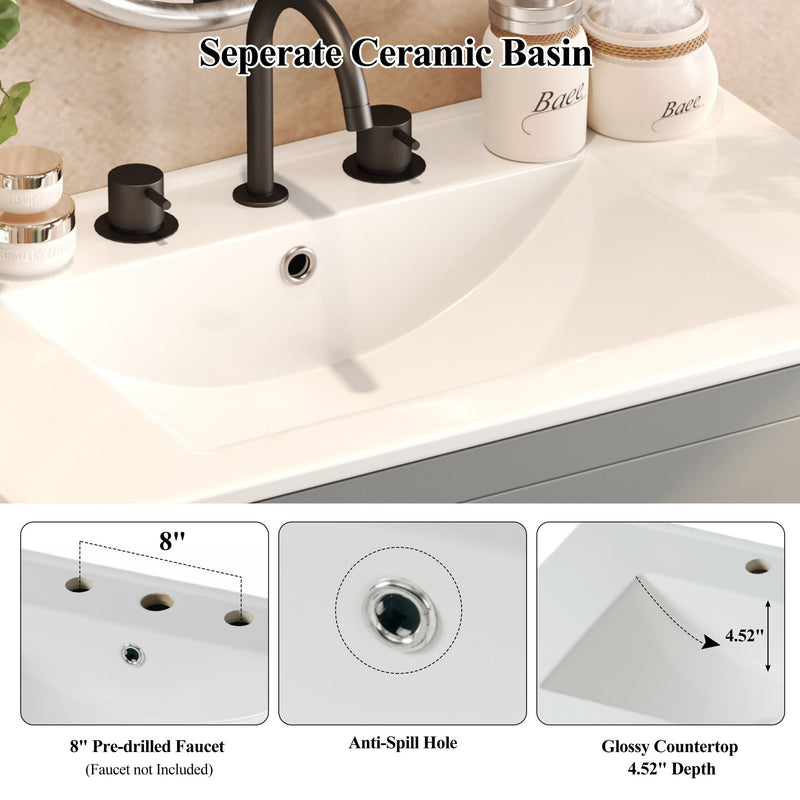 Freestanding Bathroom Vanity With Ceramic Sink, 2 Full Extension Drawers
