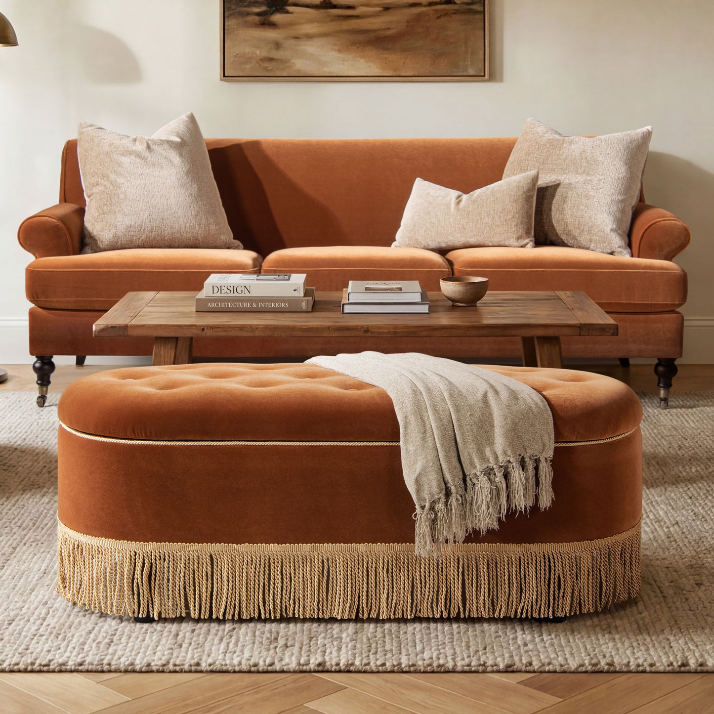 Melinda - Oval Tufted Bullion Fringe Storage Bench