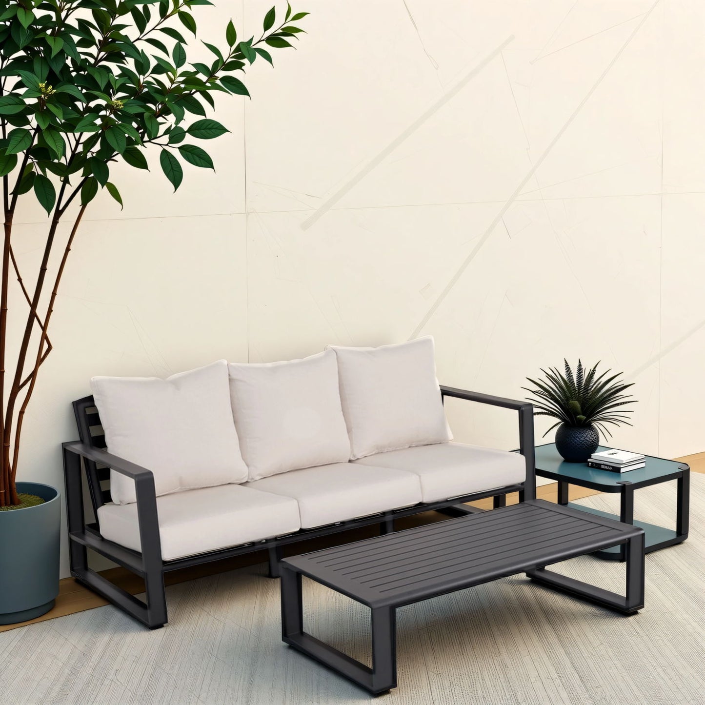3 Person Sofa With Rectangular Coffee Table, Cushions Tino Tino - Beige