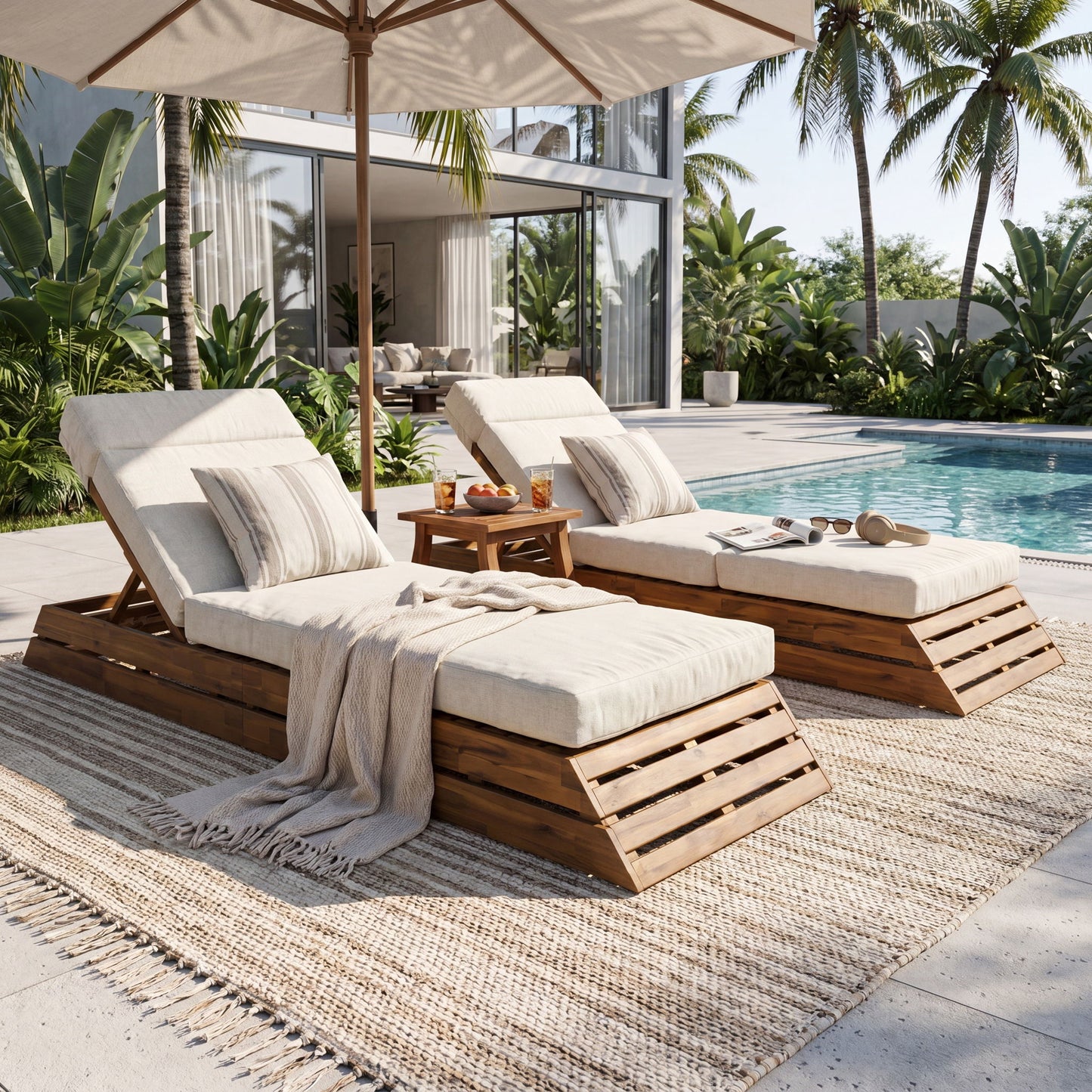 Chaise Lounge Set With 4 Fold Cushion And Built In Headrest, 3 Position Adjustable Backrest, For Patio - Beige / Teak