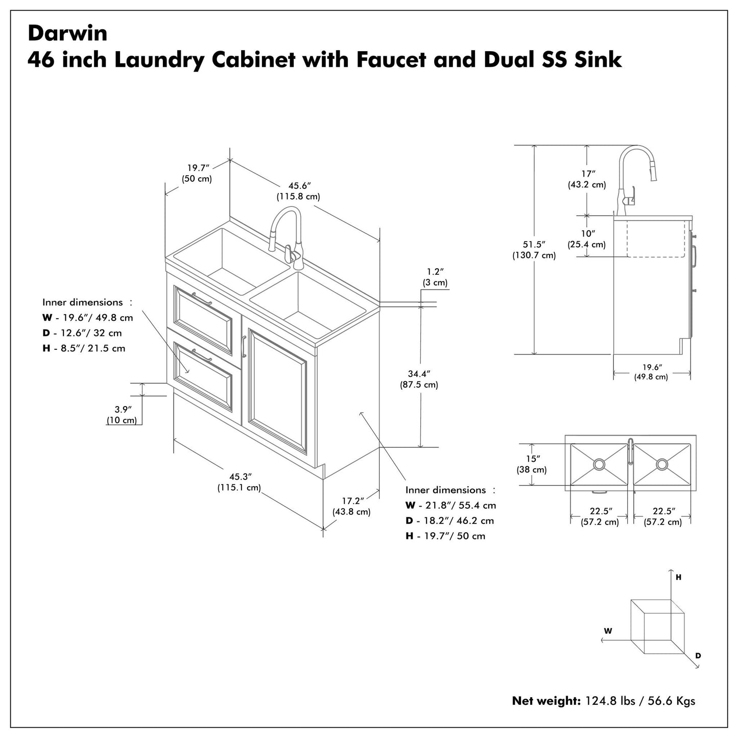 Darwin - Laundry Utility Sink And Cabinet With Dual Sinks, Pull Out Faucet - White