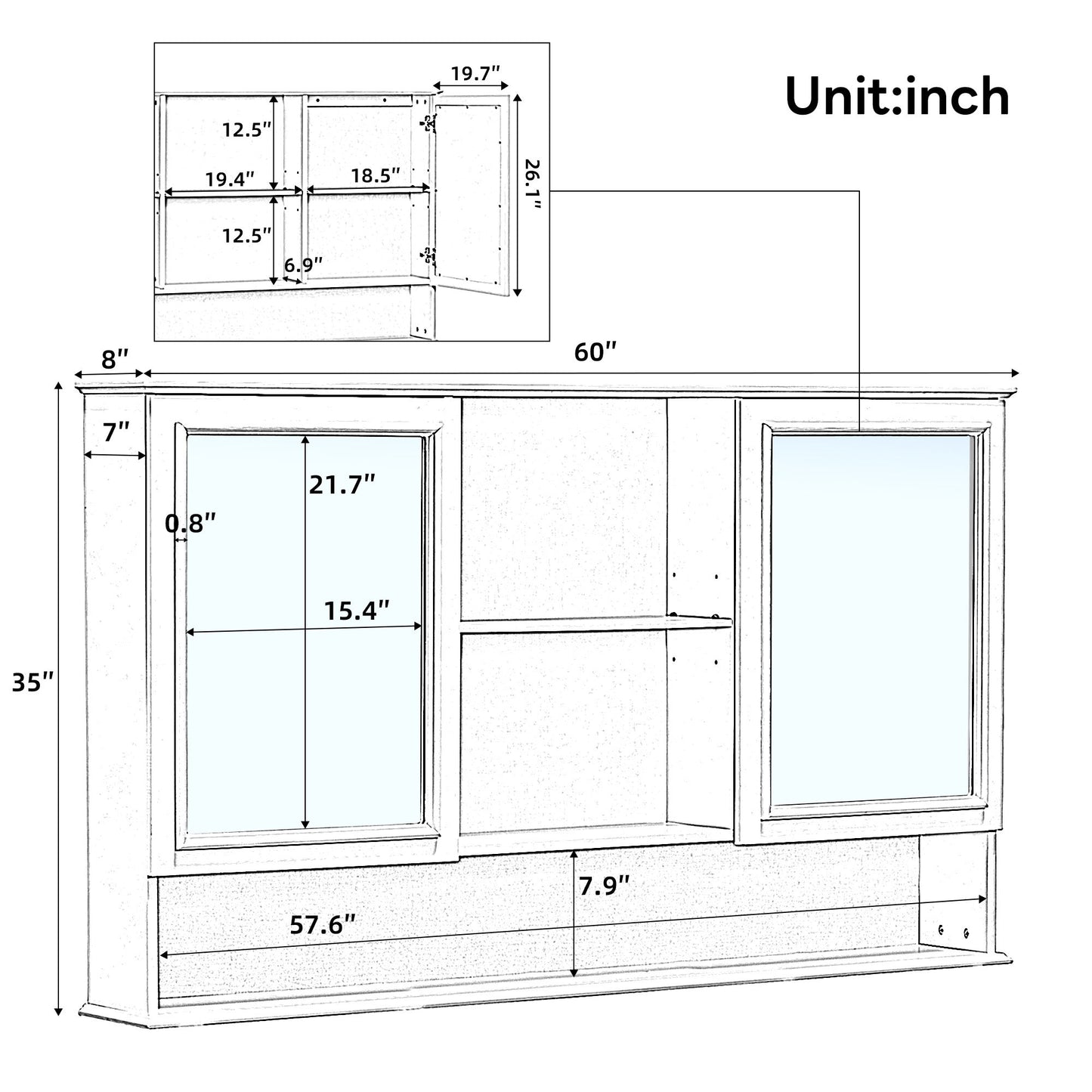 Wall Mounted Bathroom Medicine Cabinet With Double Mirrored Doors