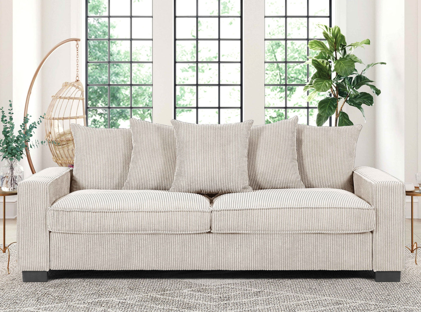 Luxe Sofa With 5 Matching Toss Pillows, Sleek Design, Spacious And Comfortable 3 Seater Couch