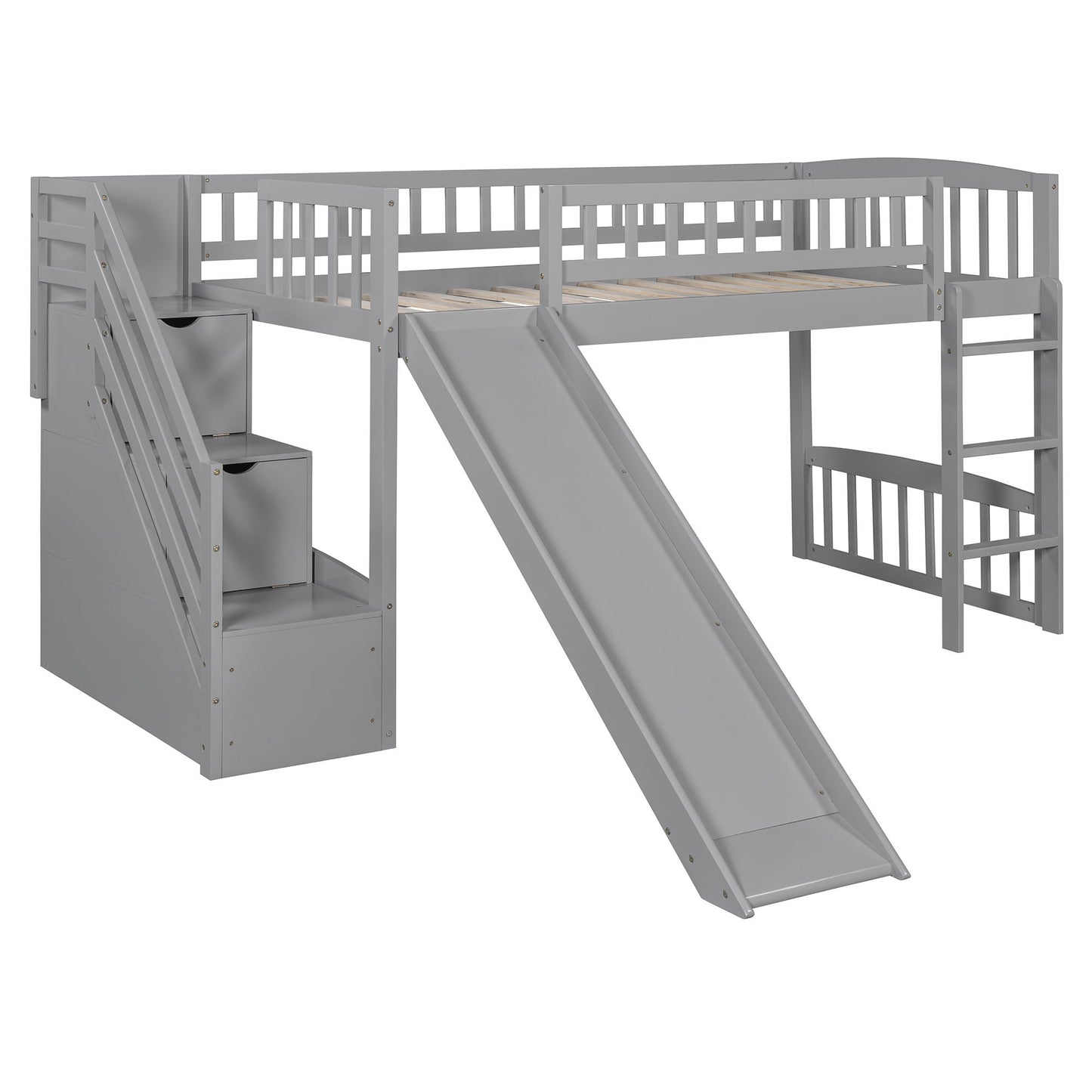 Loft Stairway Bed With 2 Drawers, Convertible Ladder And Slide