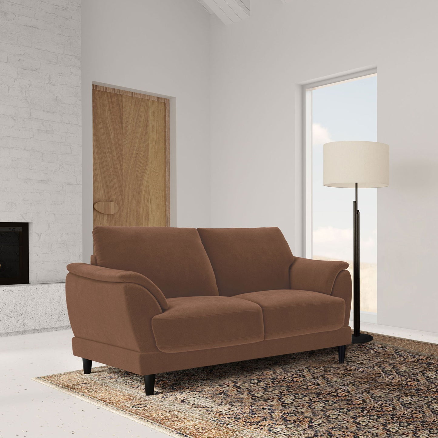 Dania - Upholstered Crescent Loveseat With Curved Tufted Arms - Rust