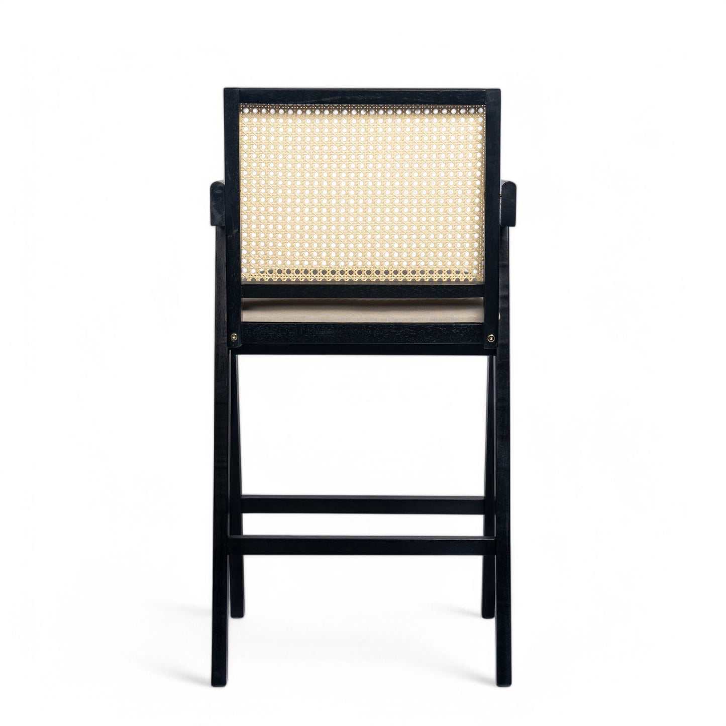 Woven Cane Plastic Backrest Bar Stool Foam Padded Fabric Seat & Durable Rubberwood Frame - Cream Gray