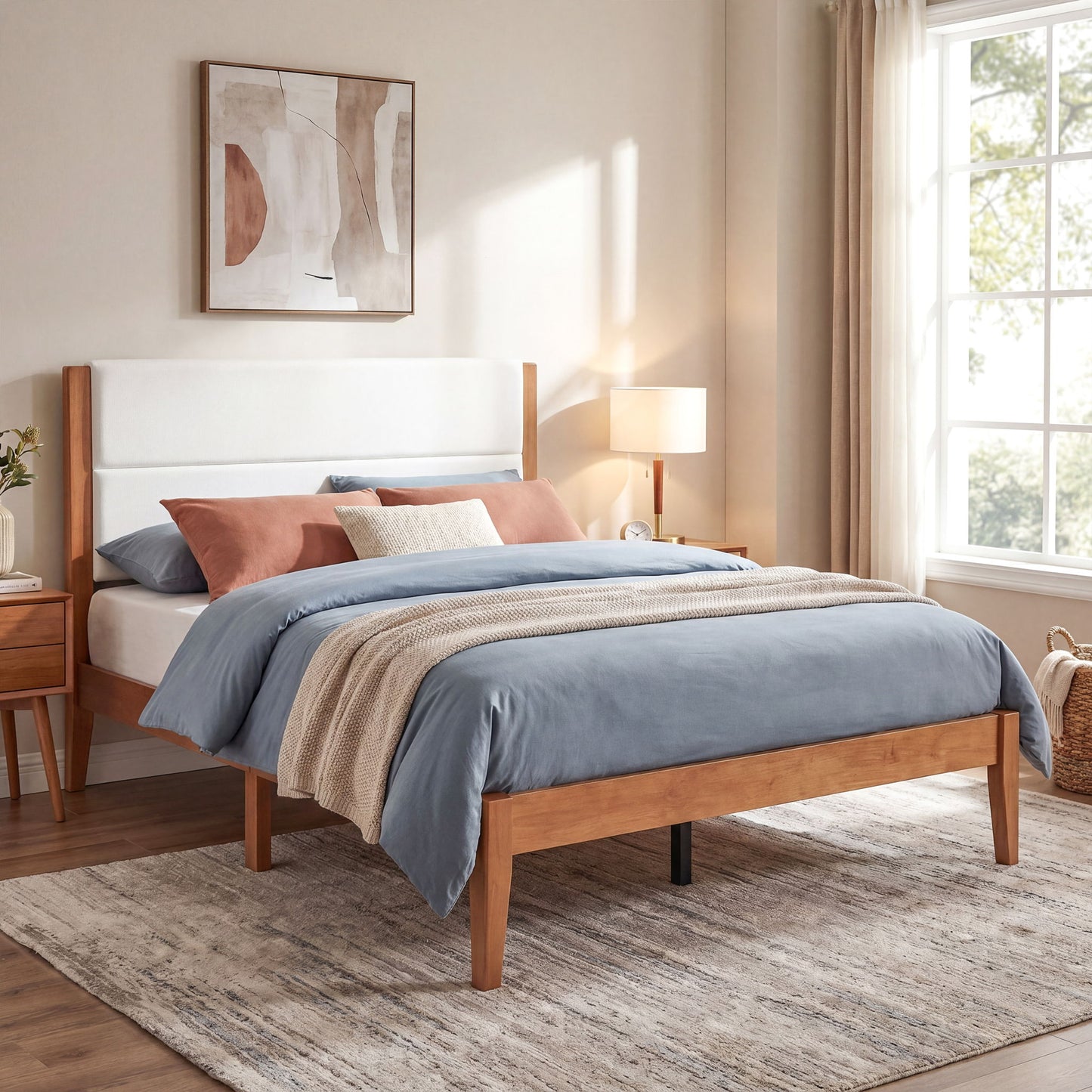Platform Bed Frame With Upholstered Headboard, Slat Support