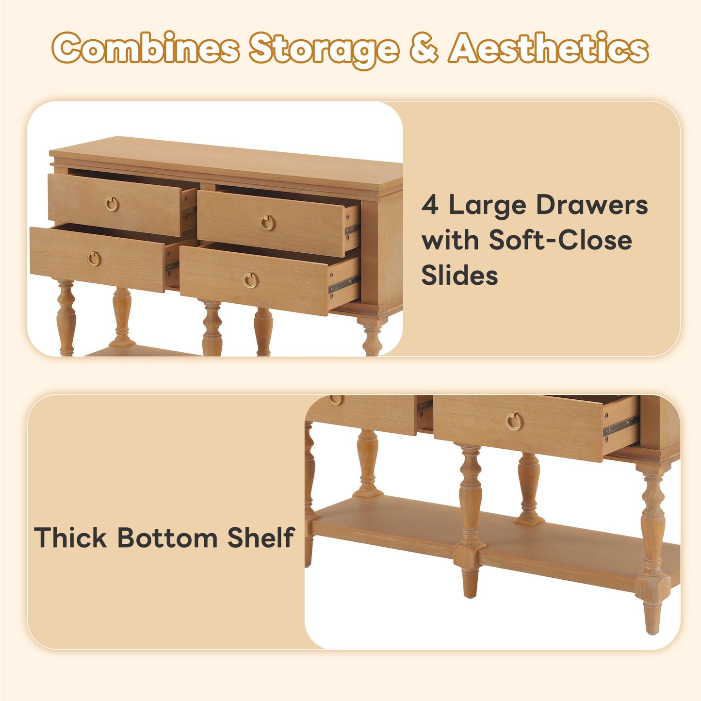 Console Table With 4 Soft Close Drawers, Thick Bottom Shelf For Living Room - Natural