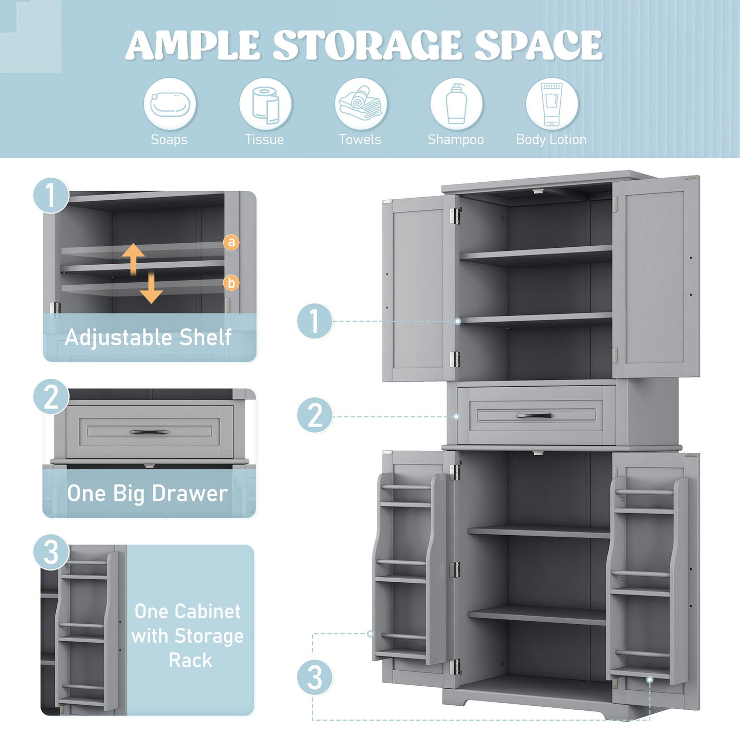 Bathroom Storage Cabinet With Multifunctional Storage Space, Drawer With Slide Rails, Adjustable Shelf