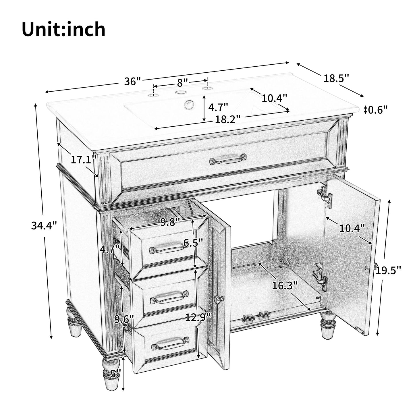 Bathroom Vanity With Sink, 2 Doors 2 Drawers, Freestanding Design