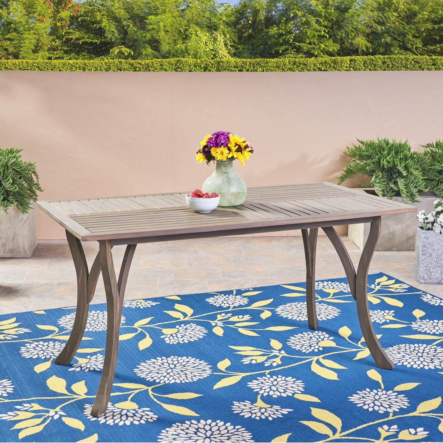 Transitional Acacia Wood Dining Table With Slat Panel Top - Gray