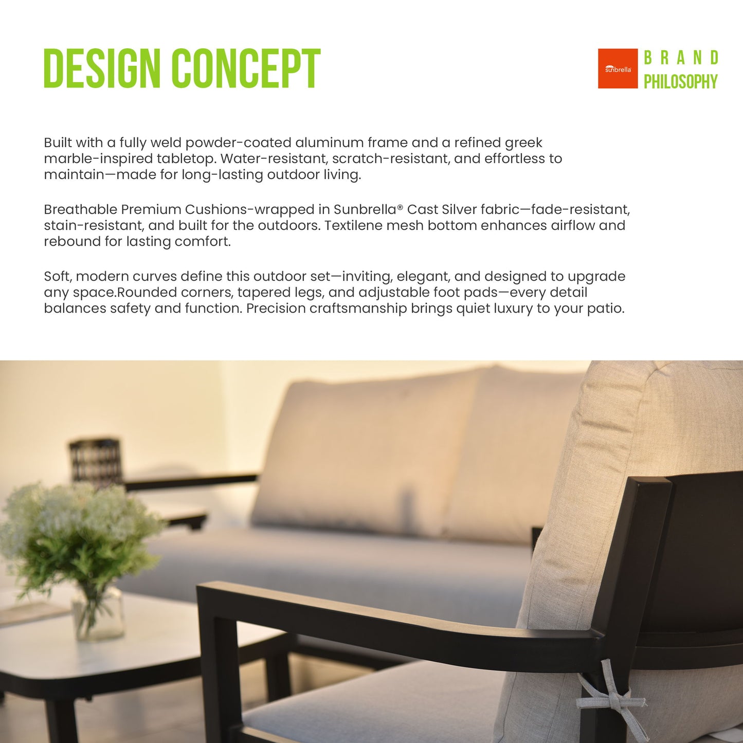 Outdoor Conversation Set With Chairs, Bench Sofa, Tables, Sunbrella Cushions