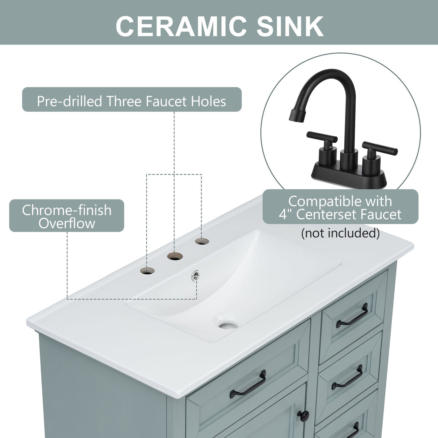 Bathroom Vanity With Sink, 2 Tip Out Drawers, Soft Close Hinges - Gray