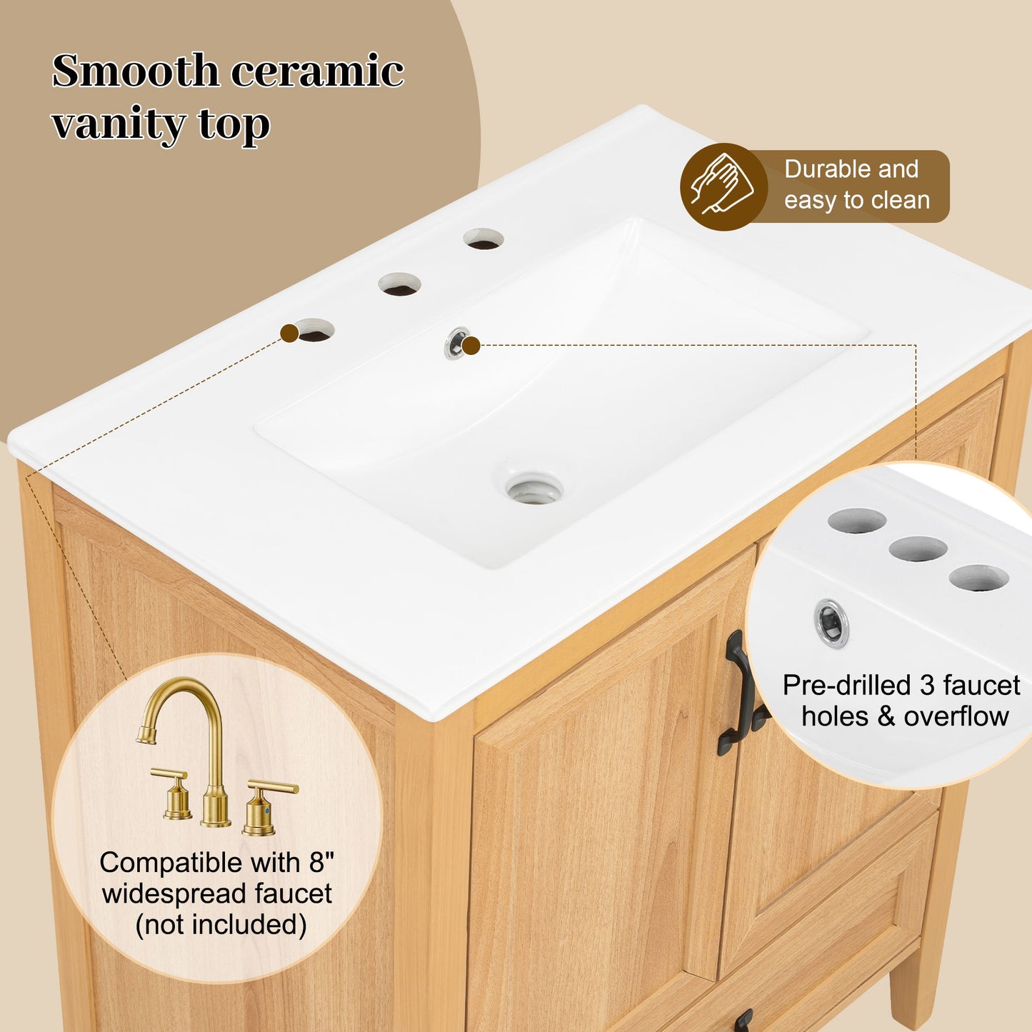 Elegant Fluted Bathroom Vanity With Sink, Soft Close Doors & Drawer