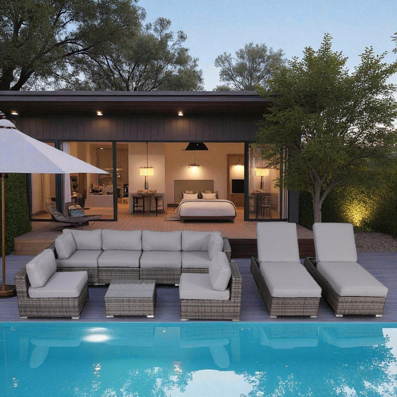 8 Person Rattan Wicker Patio Seating Group With Plush Cushions - Gray Mix