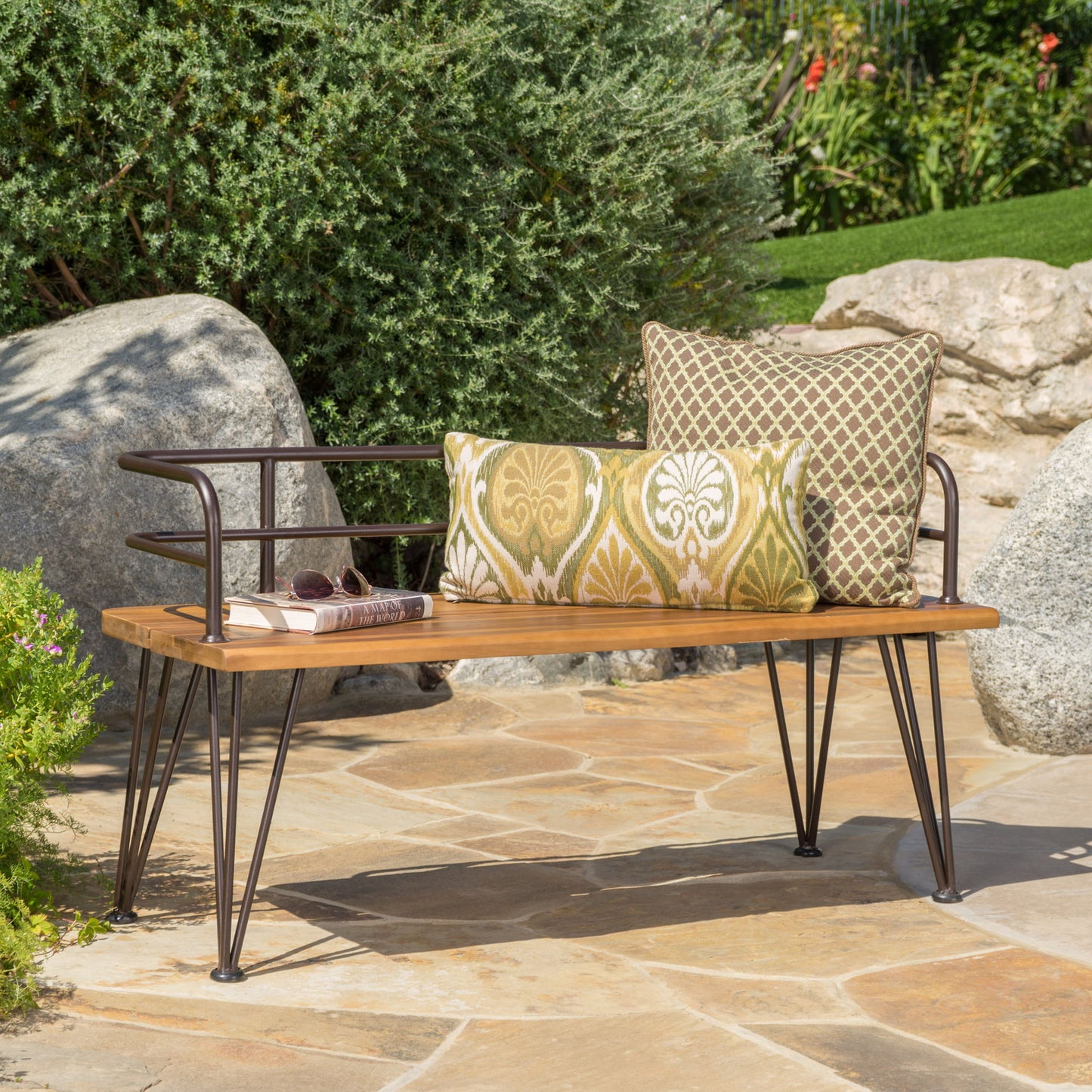 Outdoor Bench With Powder Coated Iron Frame - Teak