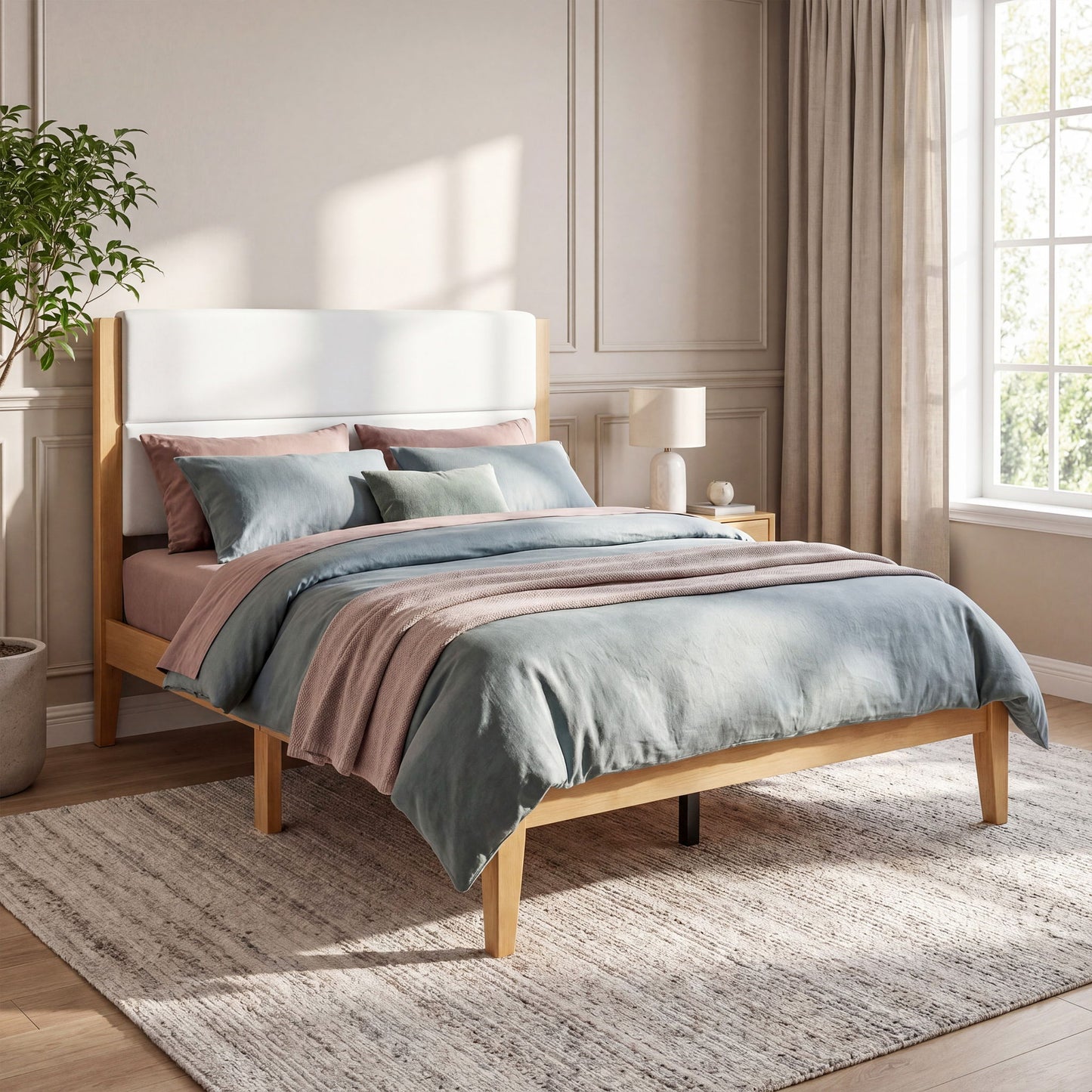 Platform Bed Frame With Upholstered Headboard, Slat Support