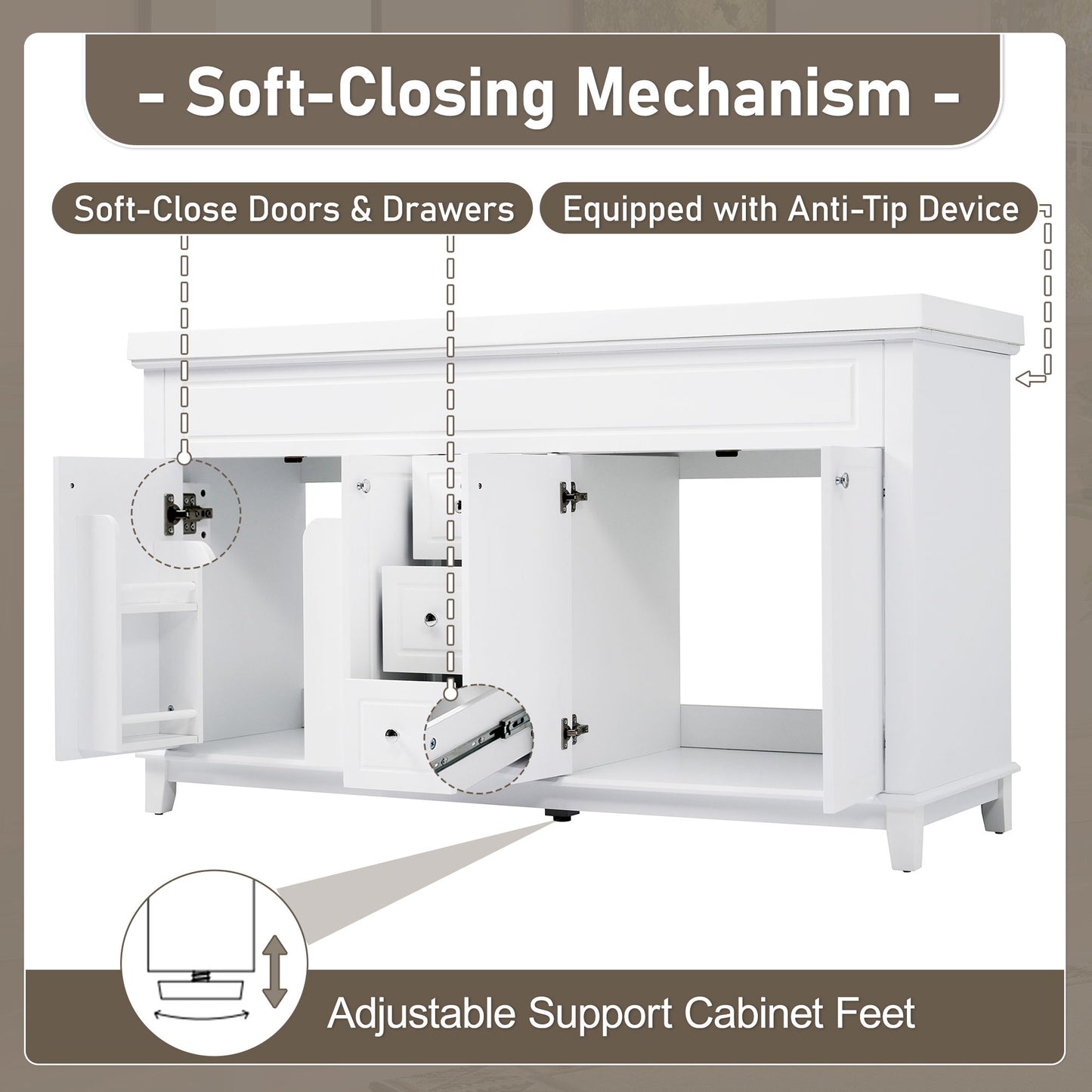 Bathroom Vanity Cabinet Only, 3 Drawers & 4 Doors With Double Layer Shelves - White