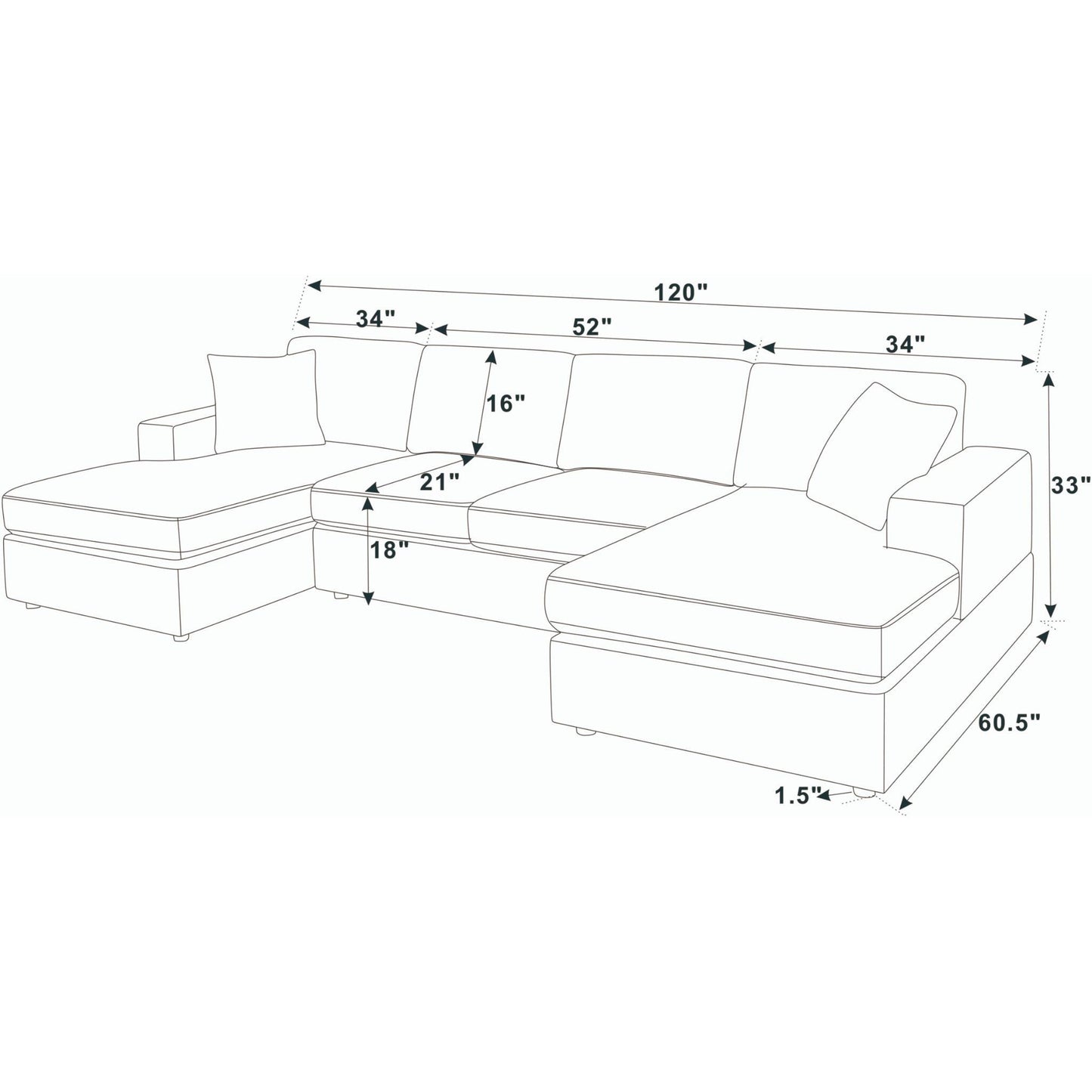 3 Piece Double Chaise Sectional Sofa