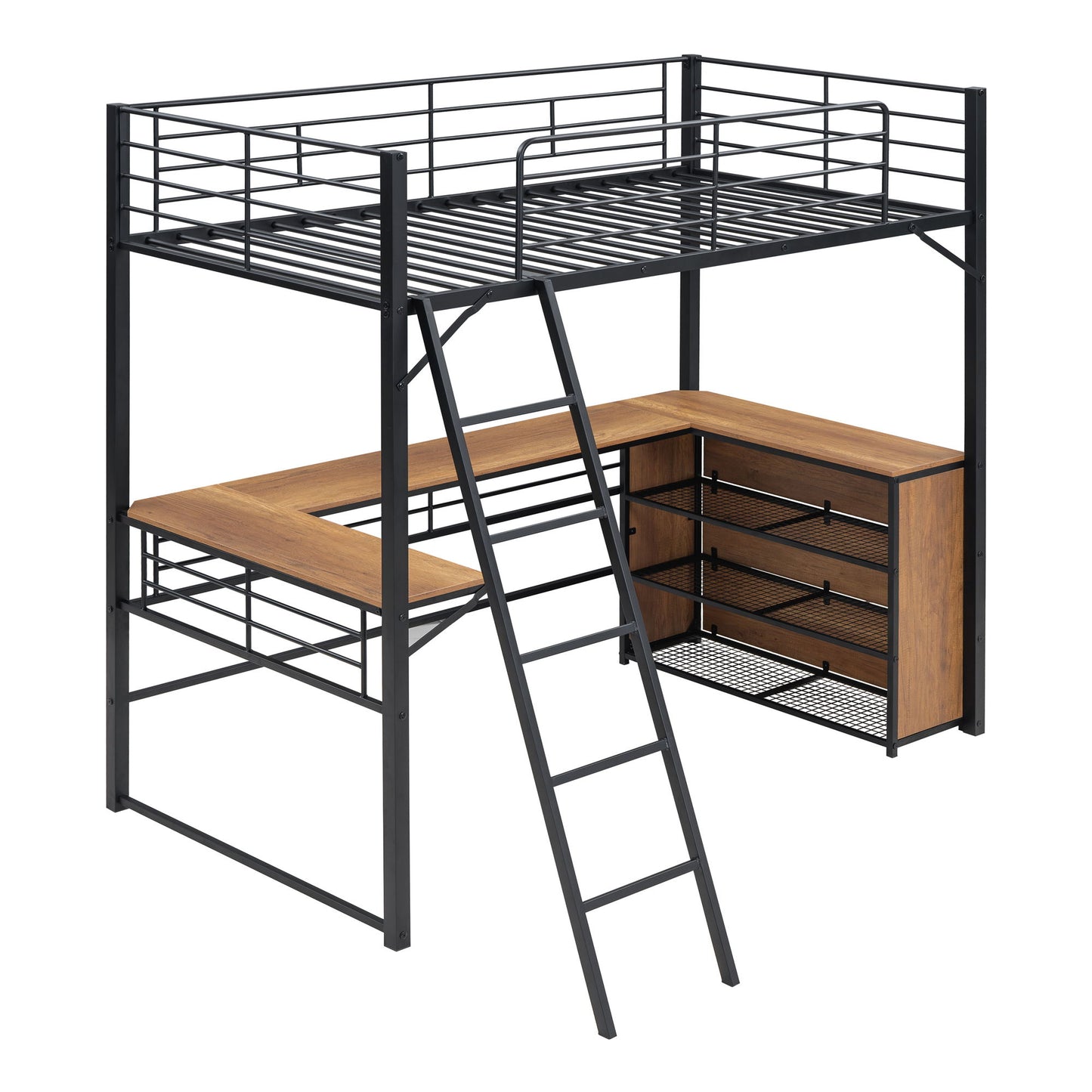 Loft Bed & 3 Layers Of Shelves And L-Shaped Desk