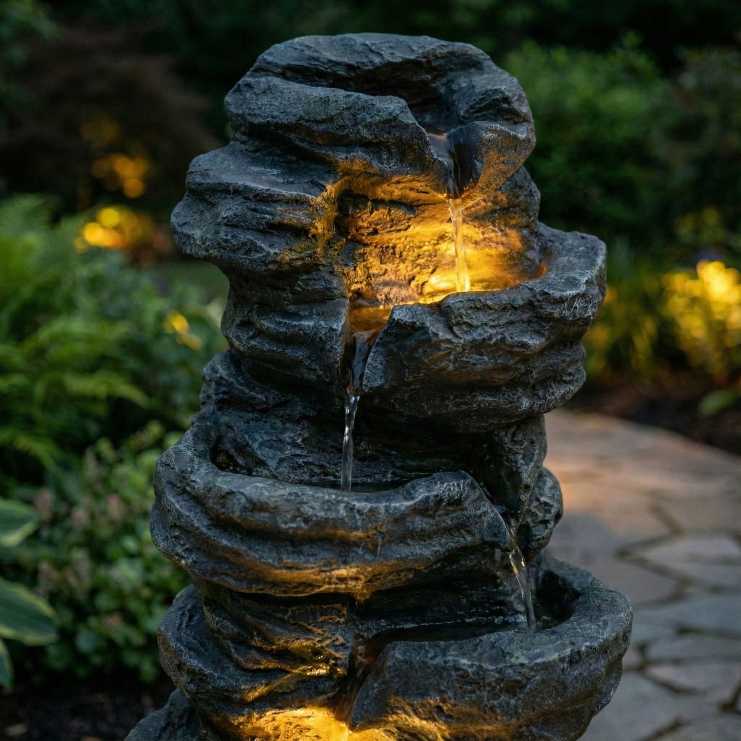6 Tier Cascading Stone Water Fountain With LED Lights - Gray