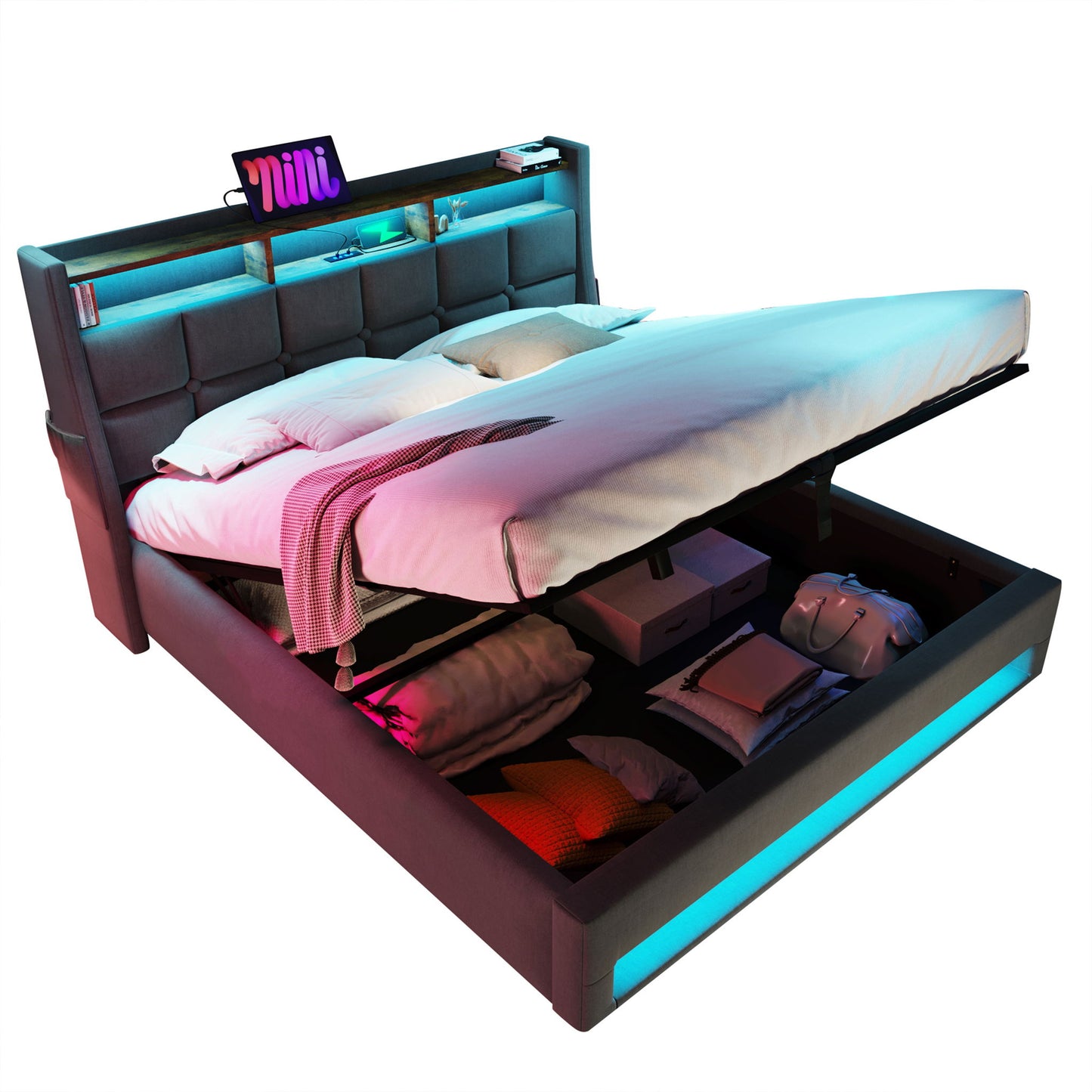 Upholstered Platform Bed With A Hydraulic Storage System, LED And USB Charging (Without Mattress)