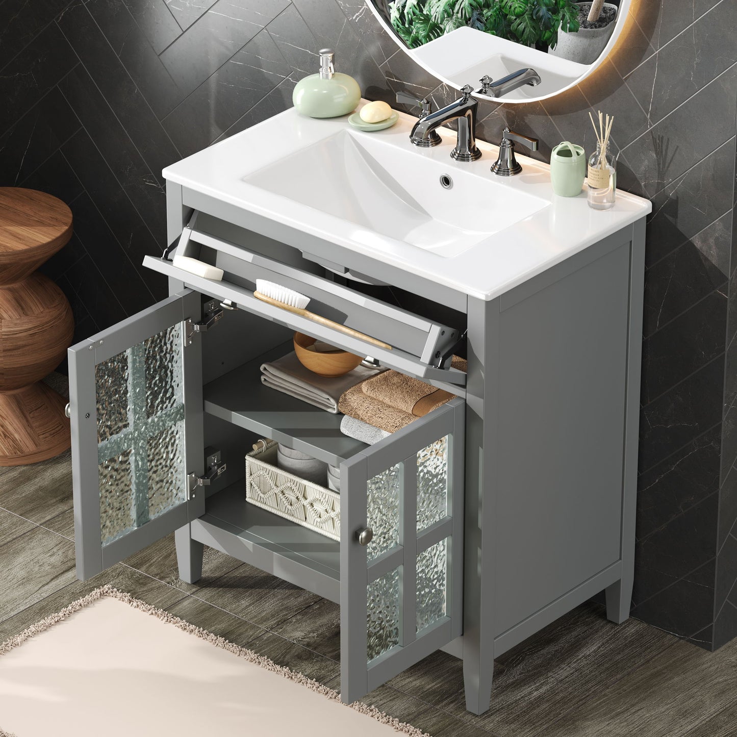 Bathroom Vanity With Ceramic Sink, Adjustable Shelf & Tip Out Tray