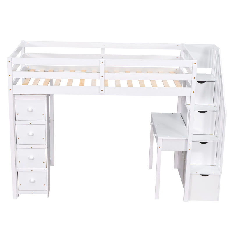 Loft Bed With Storage Drawers, Desk And Stairs With Shelves