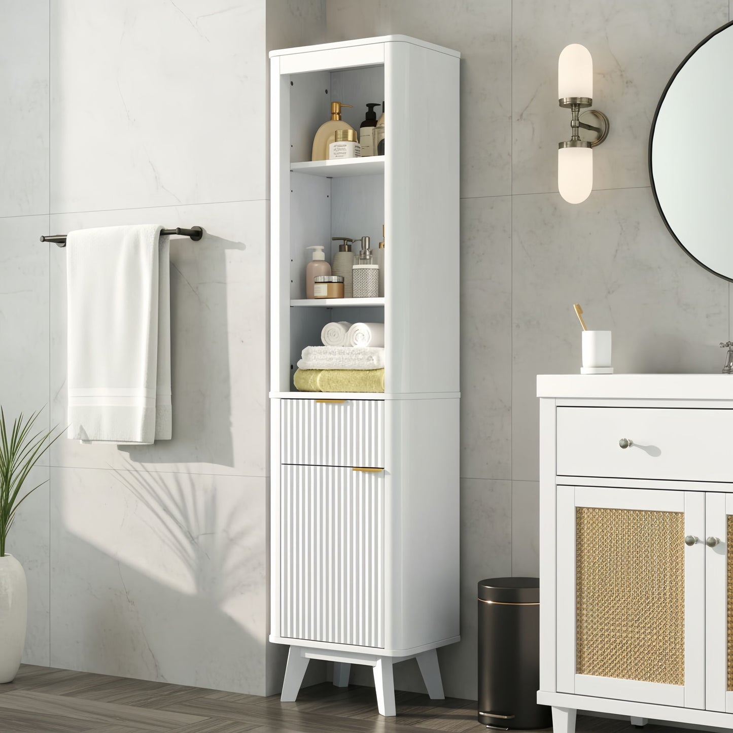 Tall Bathroom Storage Cabinet With Adjustable Shelves And 1 Drawer & Door