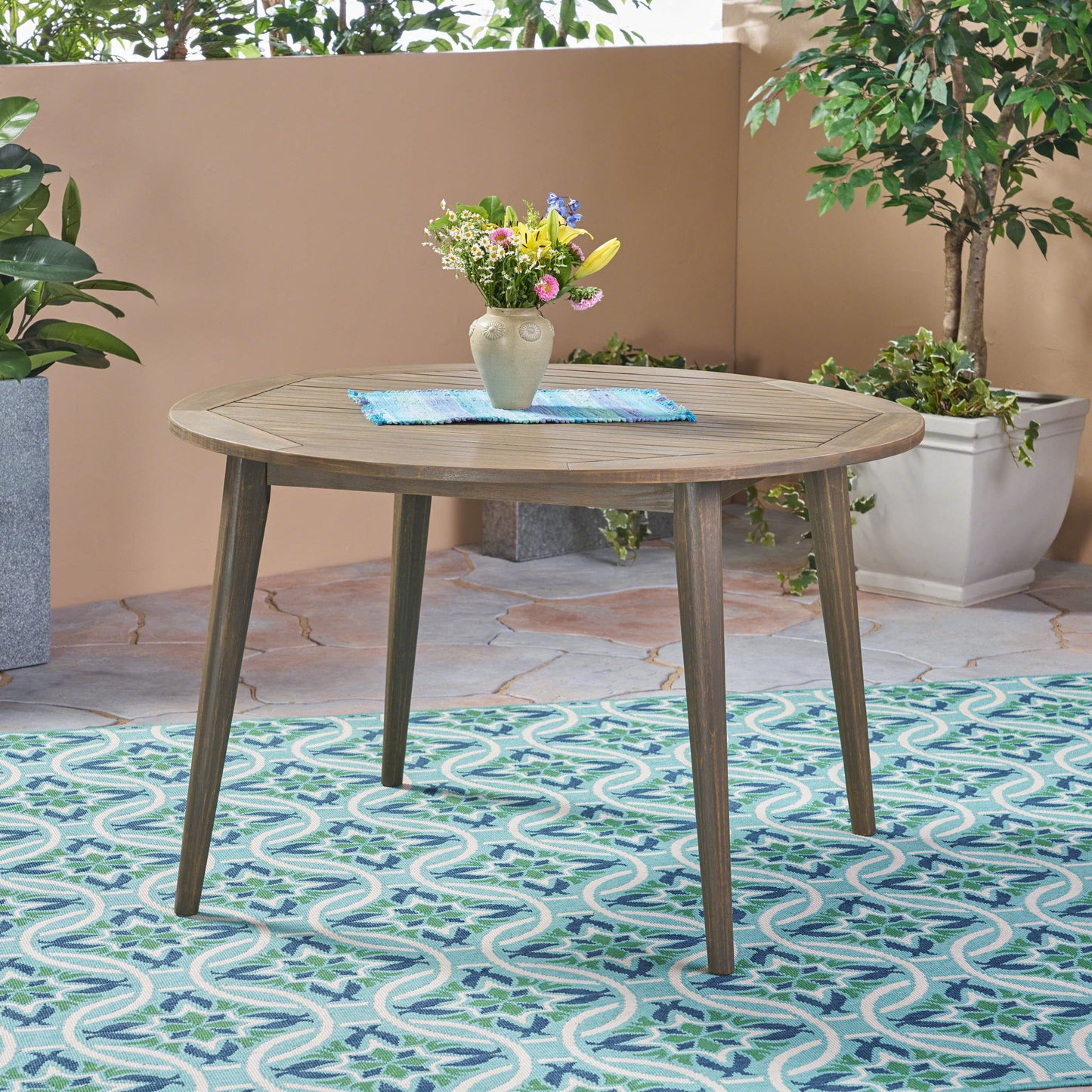 Round Outdoor Patio Table With Slatted Top - Gray