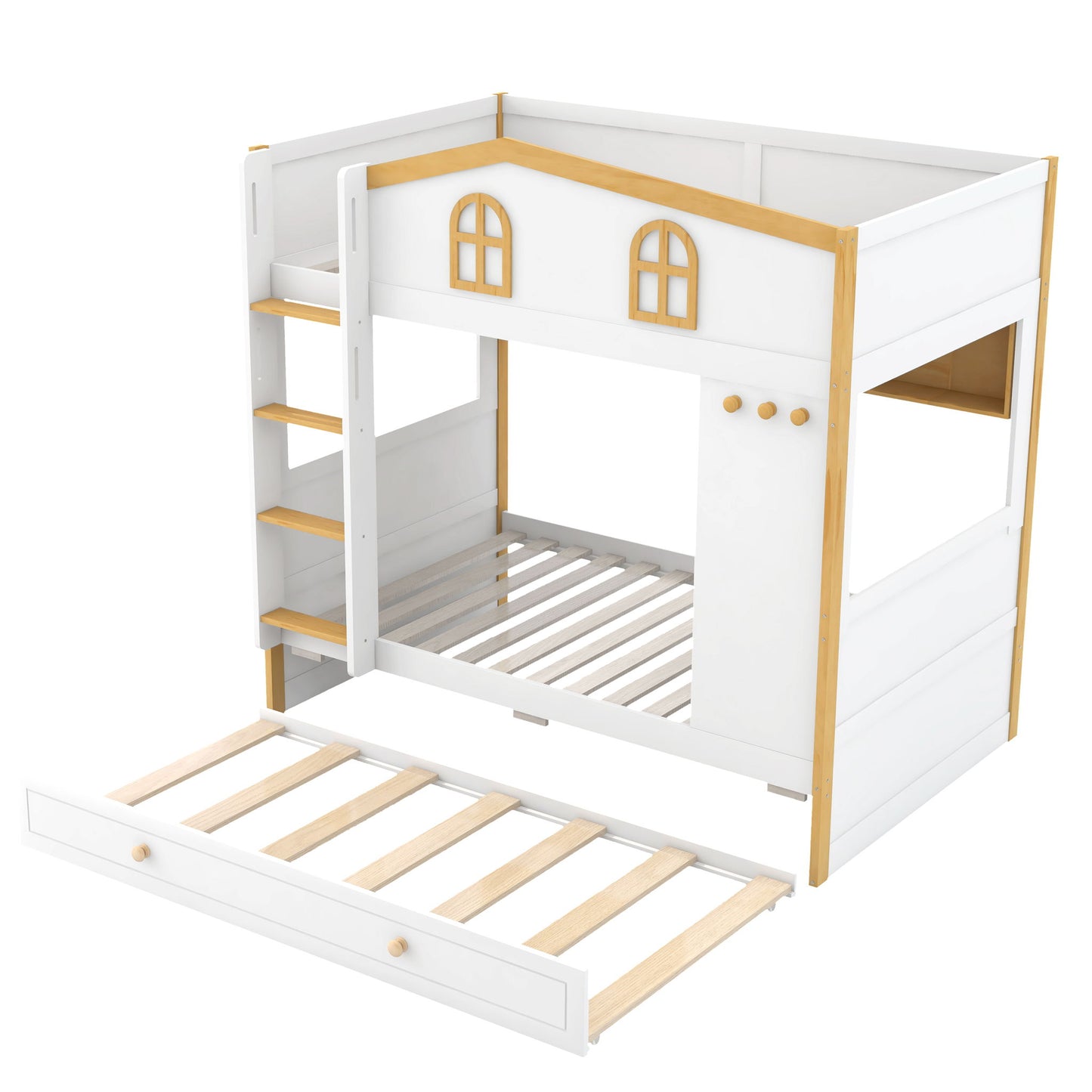 Bunk Bed With House Shaped Guardrails, Storage Shelves, And Trundle