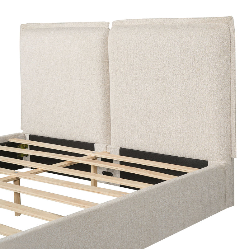 Double Pillow Upholstered Headboard, Skin Friendly Textured Fabric , Queen - Beige