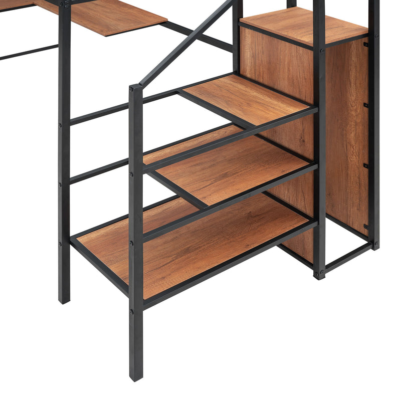 Twin Size Loft Bed With Desk And Grid, Storage Ladder And Wardrobe - Black