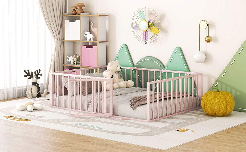 Metal Floor Bed Frame With Fence And Door