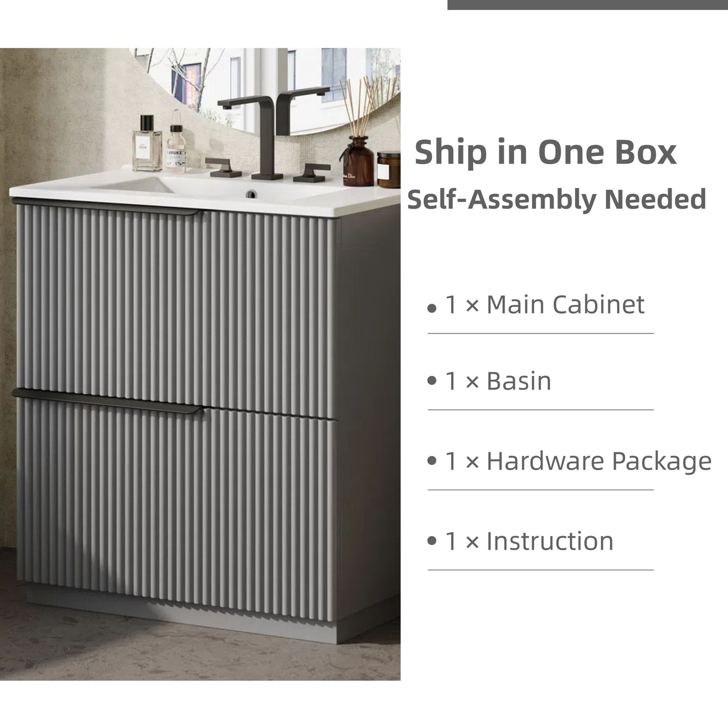 Fluted Bathroom Vanity With Ceramic Sink, Freestanding Cabinet