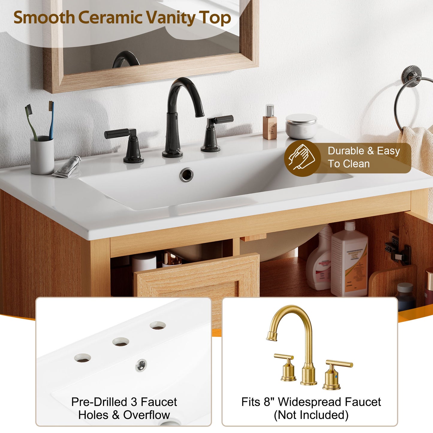 Modern Bathroom Vanity With Sink, Soft Close Drawers & Door, Storage Rack