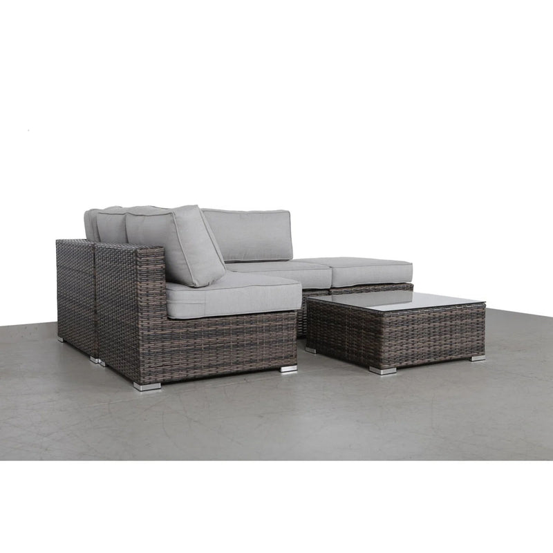 Wicker 3 Piece Seating Group With Plush Cushions, Sofa, Ottoman, And Glass Coffee Table - Brown