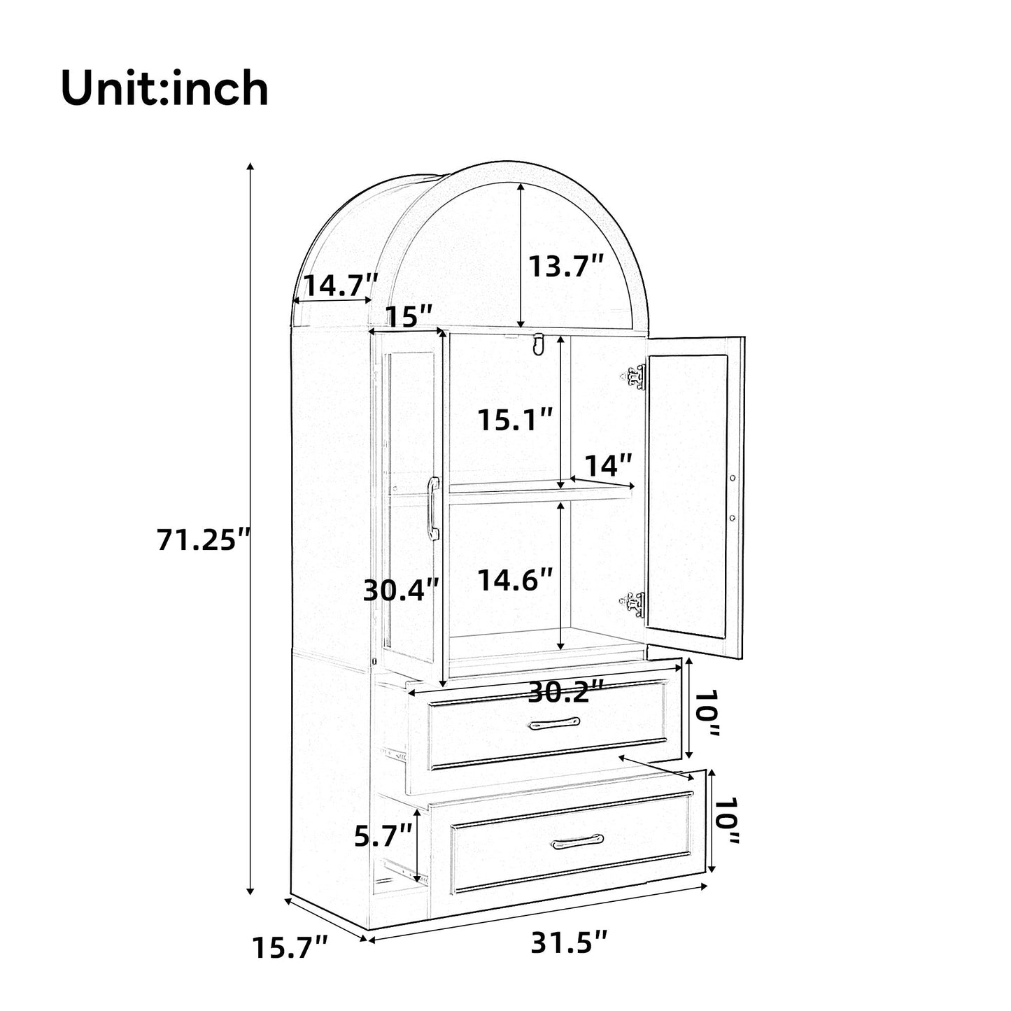 Arched Top Storage Cabinet With Fixed 2 Tier Shelves, 2 Large Drawers