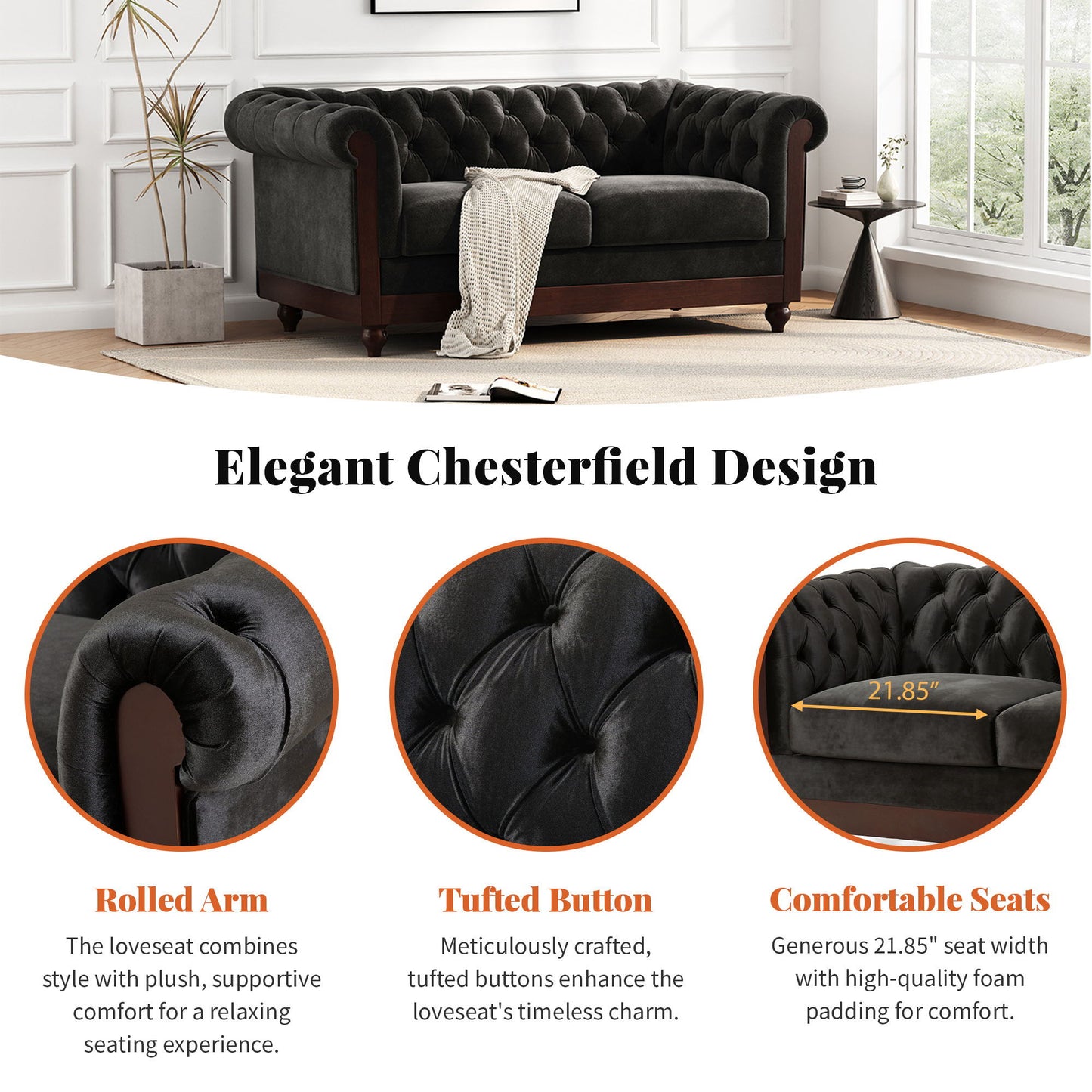Chesterfield Loveseat Sofa, 2 Person Rolled Arm Upholstered Couch