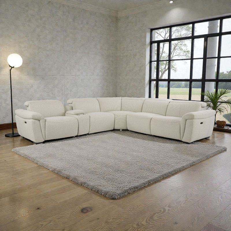 Dayana - Sofá seccional reclinable eléctrico Boucle para 5 personas con consola portavasos y reposacabezas ajustable - Beige